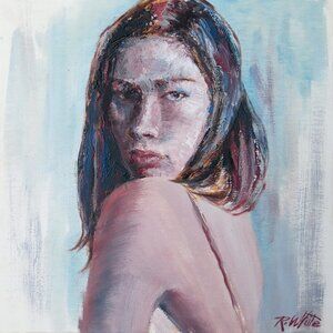 "Cold Shoulder" Painting, Oil on Wood, 9.8" W x 9.8" H x 0.8" D in